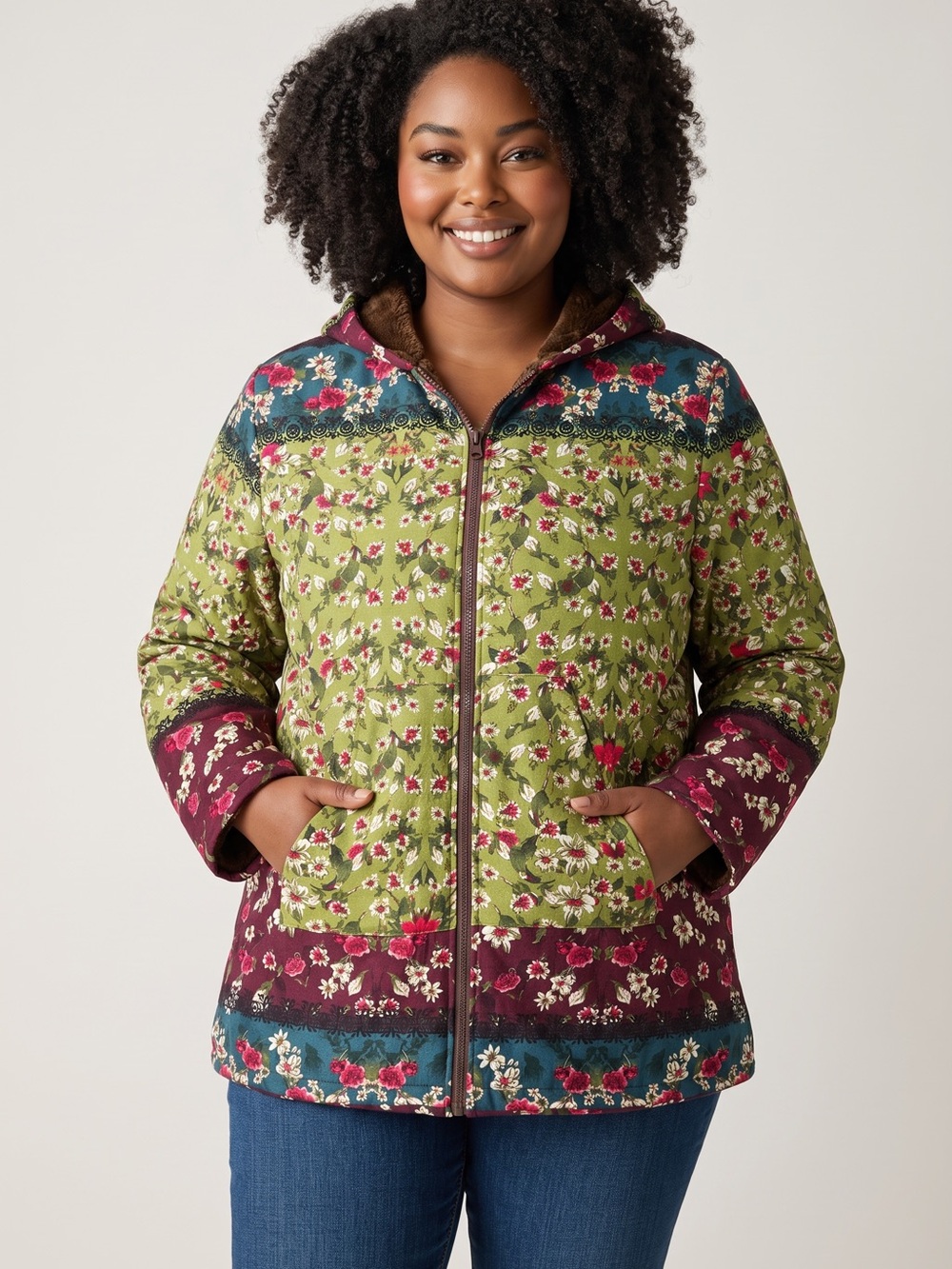 Mystree - NWT - Quilted Floral Hooded Puffer Jacket in Green, Burgundy and Teal